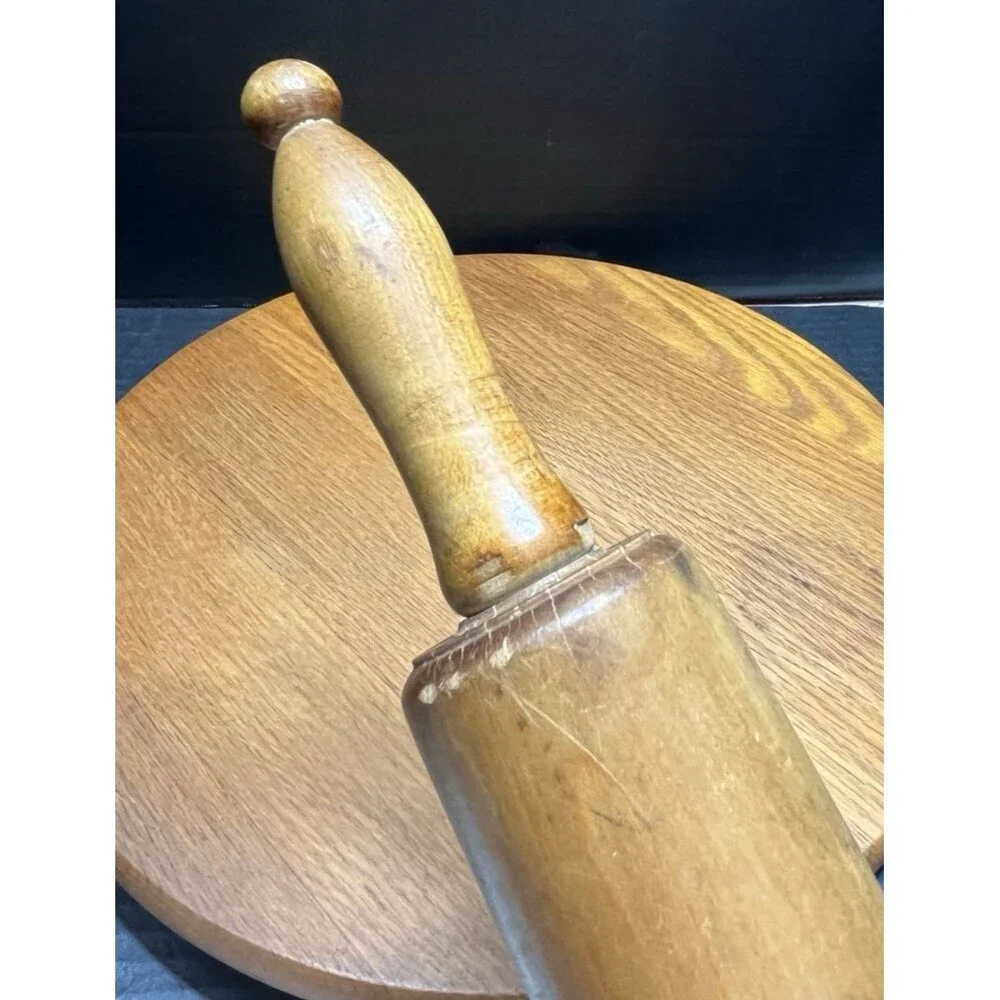 Vintage Wooden Rolling Pin w/ Green Handles Rustic Farmhouse Grandma Chic 17
